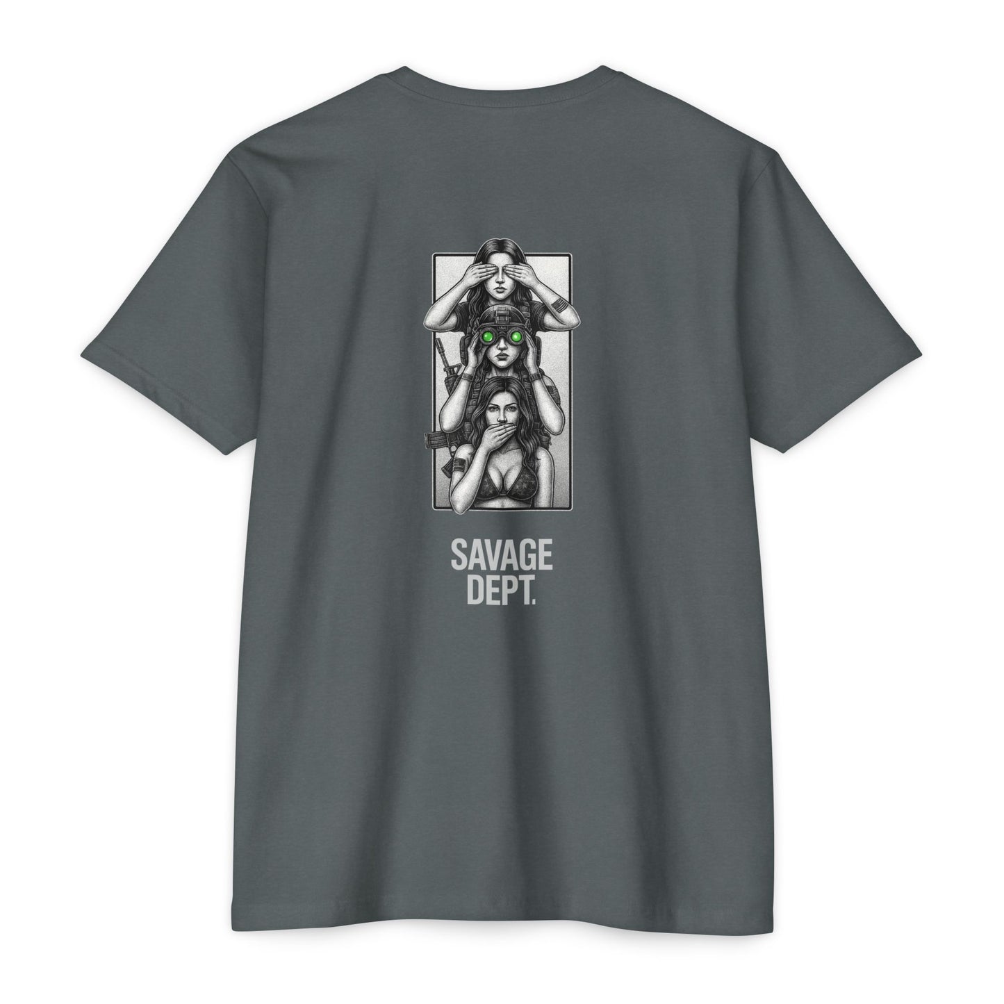 Tactical Silence Tee – See No Evil, Speak No Evil, Night Vision Cool Graphic | Savage Dept. - BACK PRINT