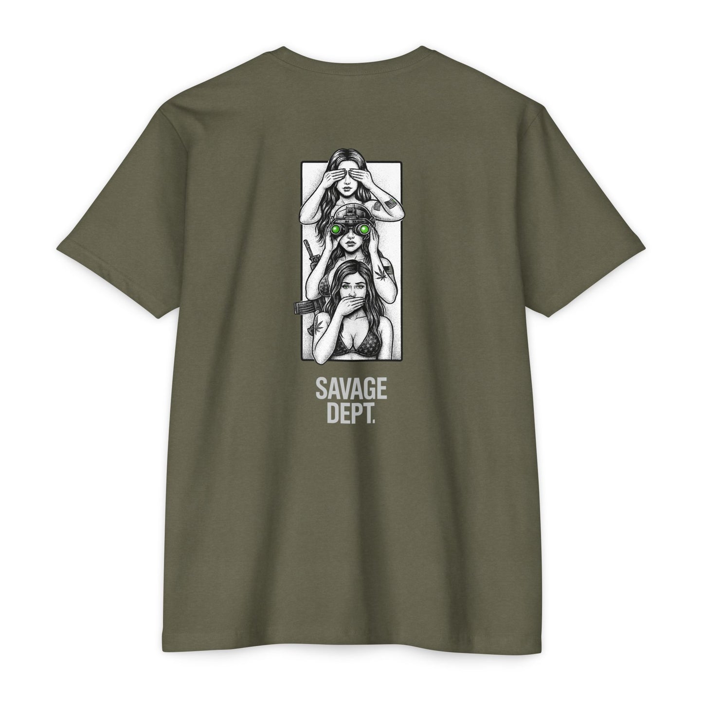 Tactical Silence Tee – See No Evil, Speak No Evil, Night Vision Cool Graphic | Savage Dept. Back Print Tee