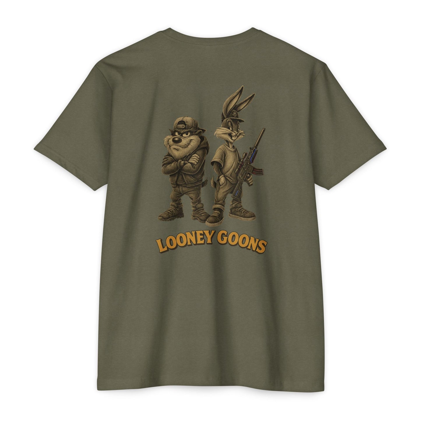Looney Goons Back Print Parody Shirt | Streetwear Chest Logo Tee for Dark Humor Fans