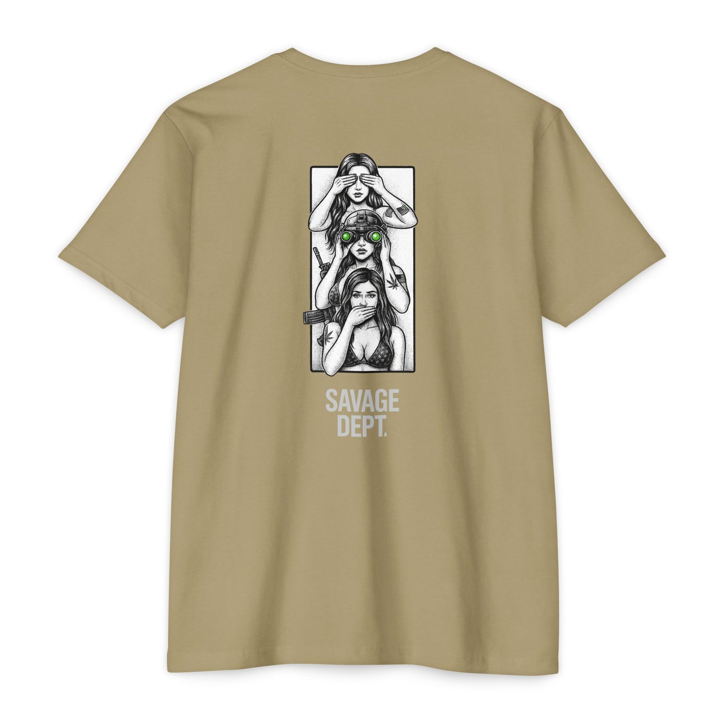 Tactical Silence Tee – See No Evil, Speak No Evil, Night Vision Cool Graphic | Savage Dept. Back Print Tee