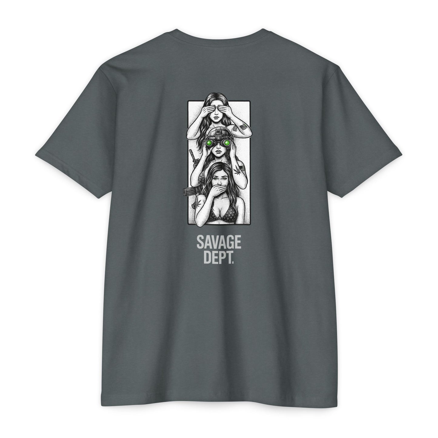 Tactical Silence Tee – See No Evil, Speak No Evil, Night Vision Cool Graphic | Savage Dept. Back Print Tee