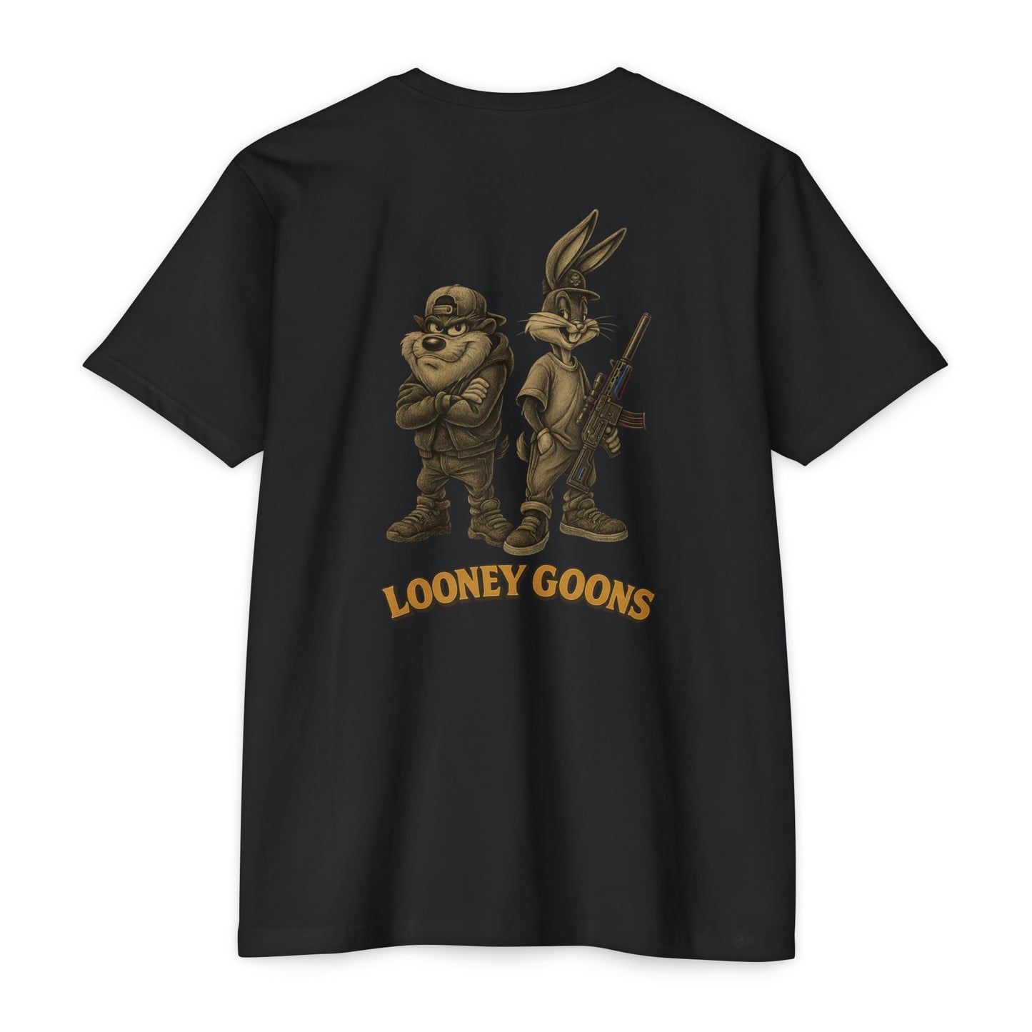 Looney Goons Back Print Parody Shirt | Streetwear Chest Logo Tee for Dark Humor Fans
