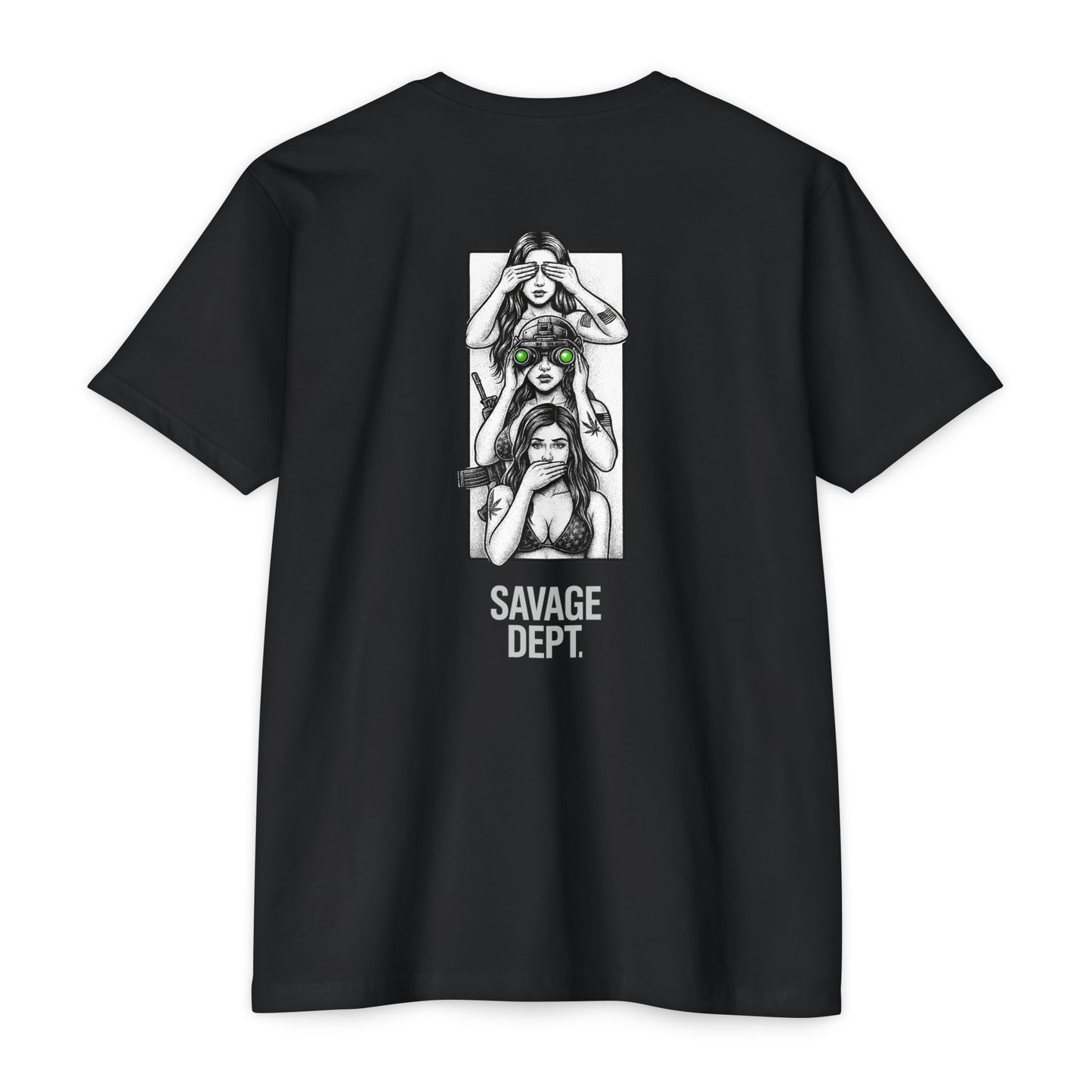 Tactical Silence Tee – See No Evil, Speak No Evil, Night Vision Cool Graphic | Savage Dept. Back Print Tee