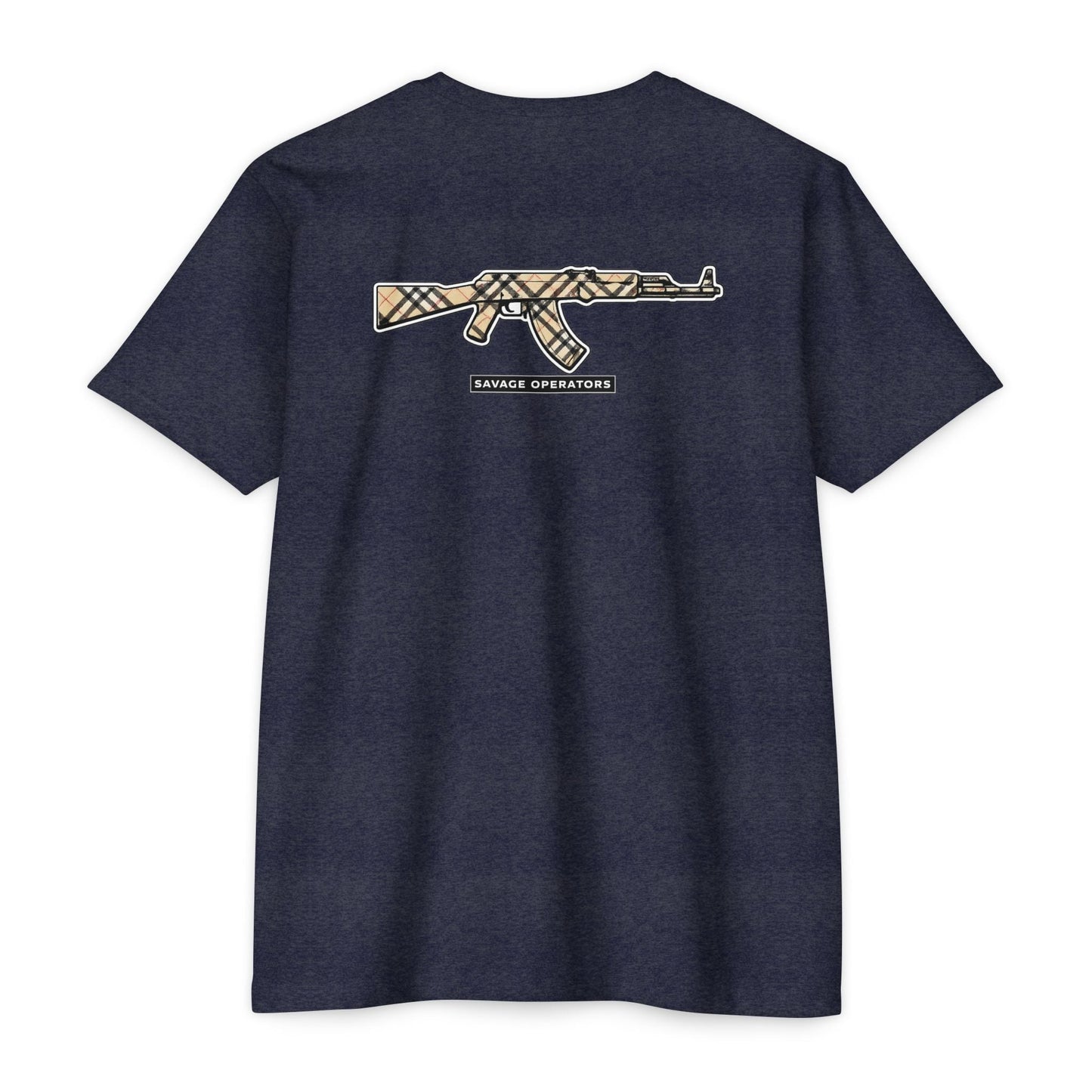 AK - 47 Plaid 2a Graphic T-Shirt — Savage Operator Backprint - Savage Operators Tactical Tee | T-Shirt | Savage Operators Clothing | Patriotic Apparel | Military Humor | High Quality CVC Midnight Navy