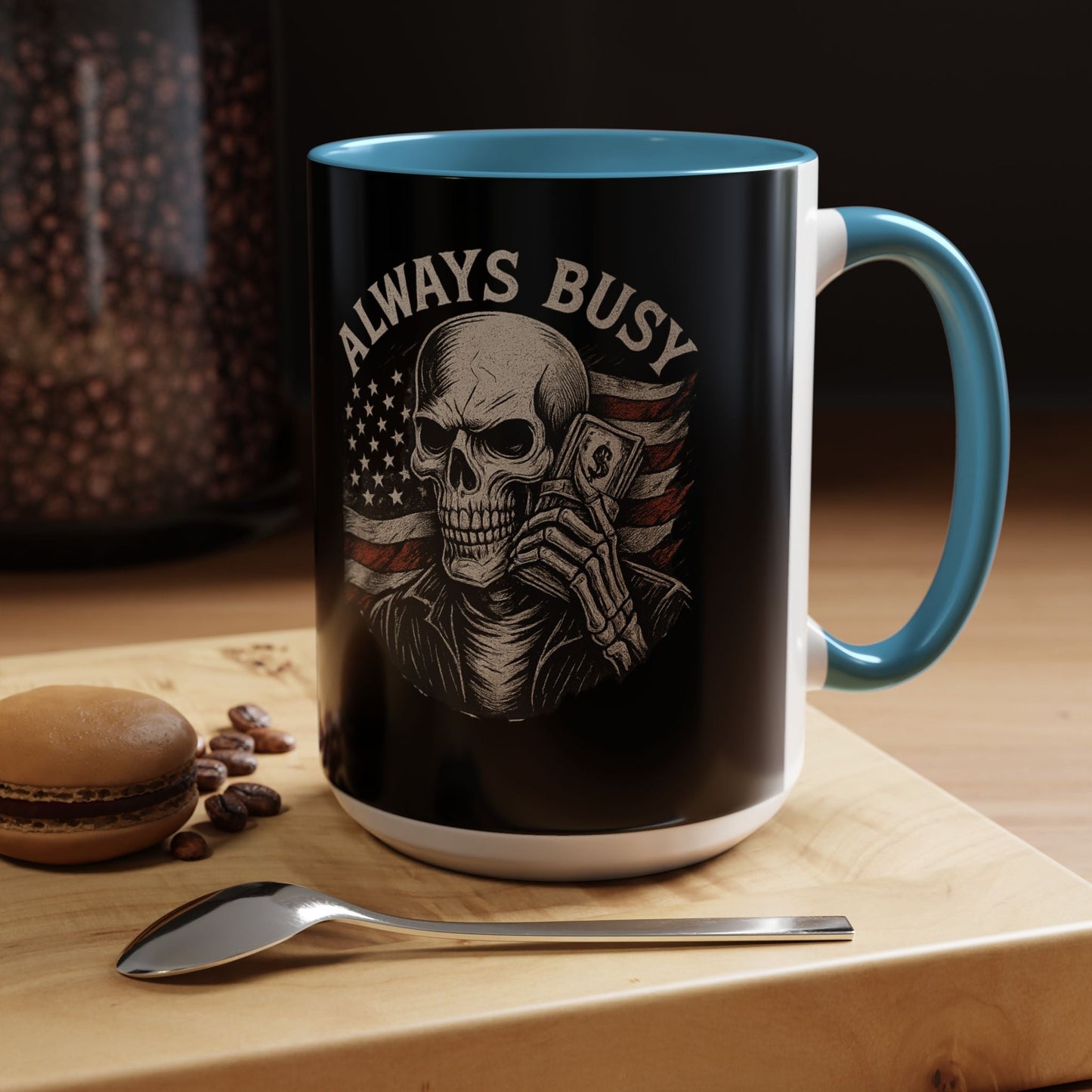 Always Busy Skull with American Flag Coffee Mug 16 oz - Savage Operators Tactical Tee | Mug | Savage Operators Clothing | Patriotic Apparel | Military Humor | High Quality 15oz