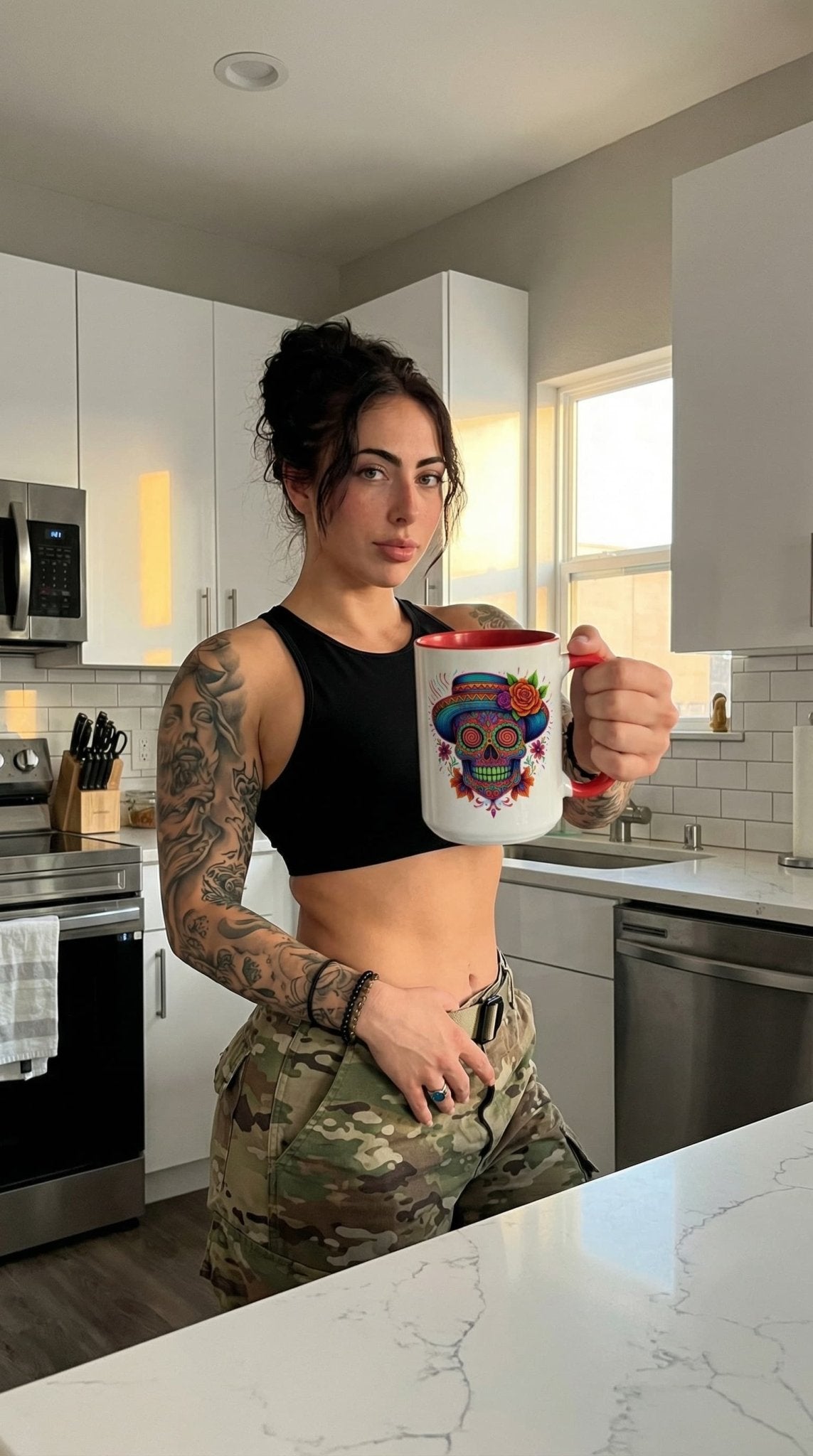 Day of the Dead Sugar Skull Coffee Mug — Colorful Mexican Calavera Accent Mug - Savage Operators Tactical Tee | Mug | Savage Operators Clothing | Patriotic Apparel | Military Humor | High Quality 15oz