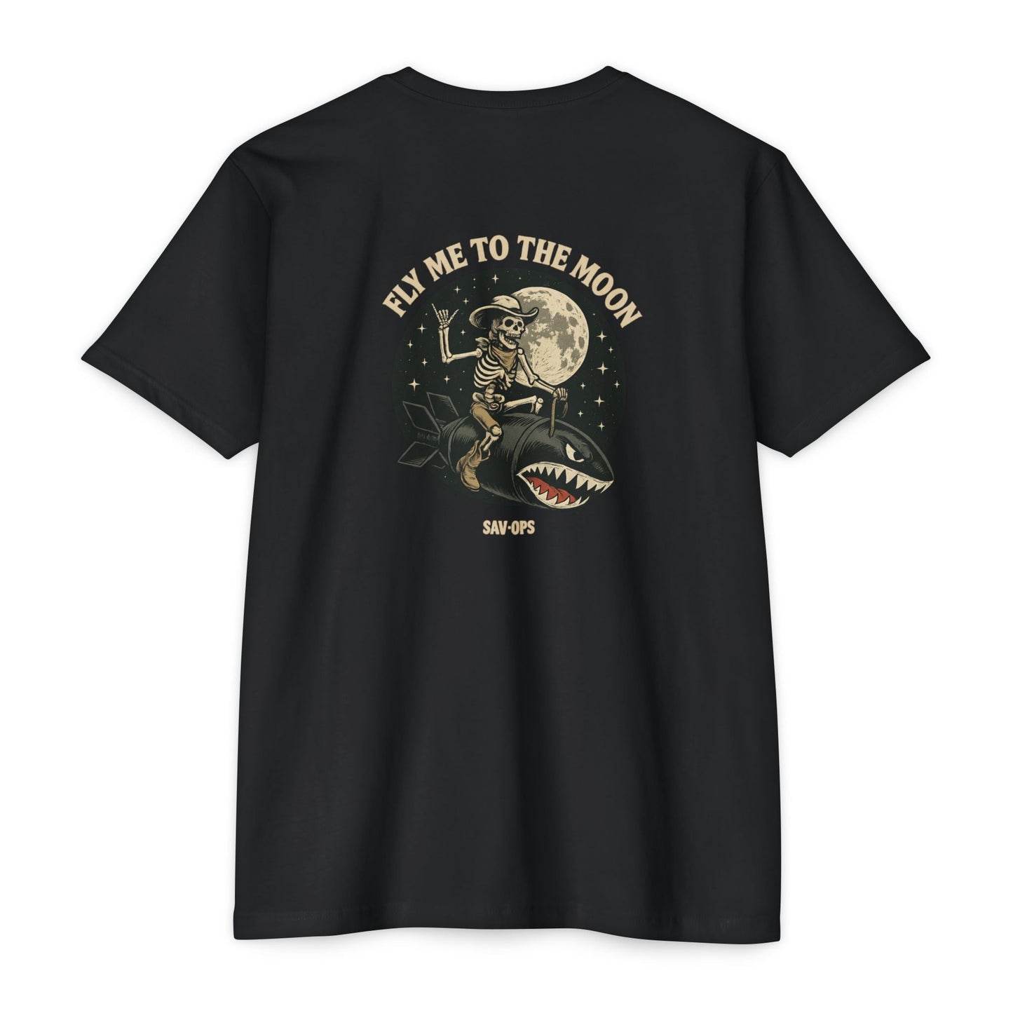 Fly Me to the Moon – Skeleton Cowboy Rocket Back Print Tee | Savage Operators - Savage Operators Tactical Tee | T-Shirt | Savage Operators Clothing | Patriotic Apparel | Military Humor | High Quality CVC Black