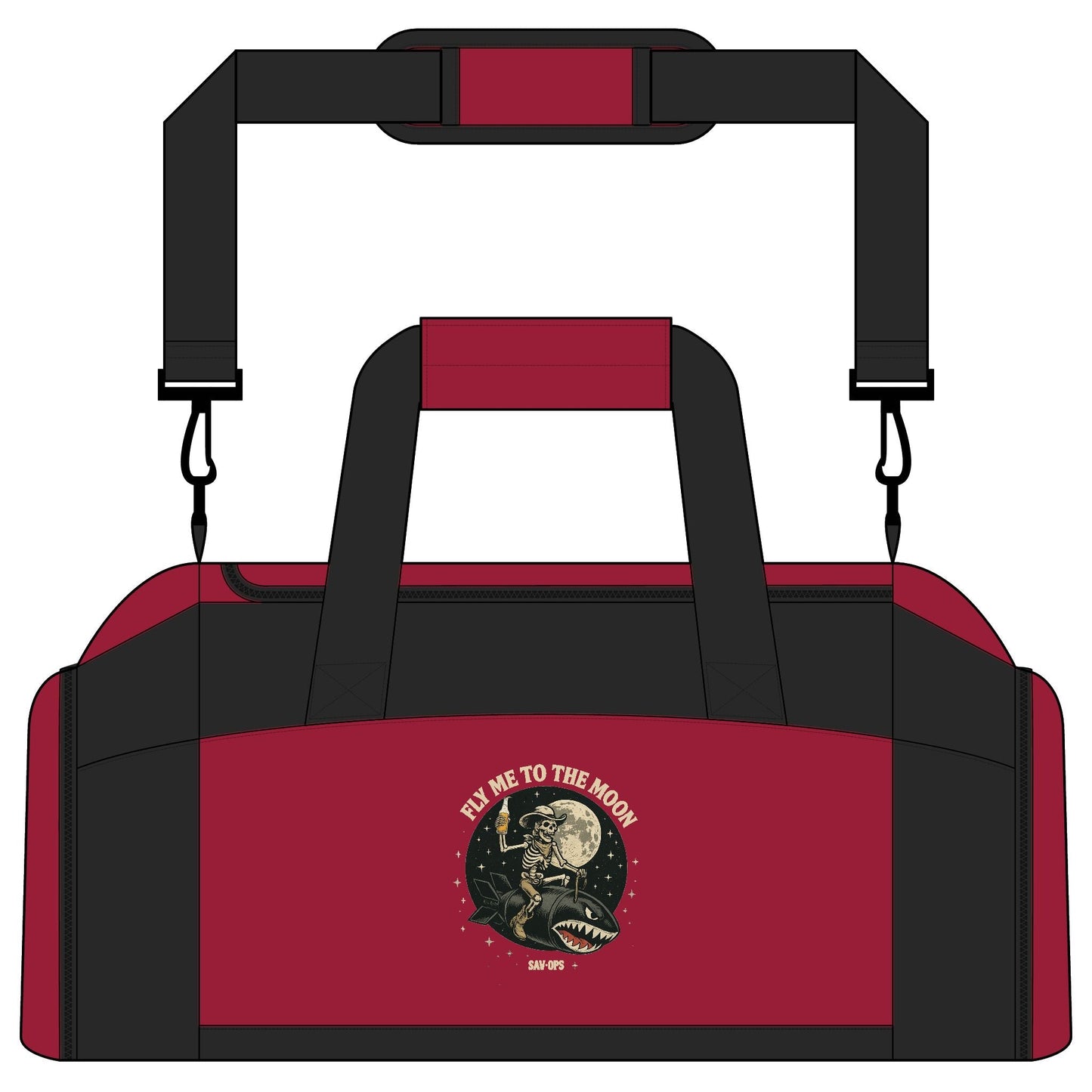 Fly Me To The Moon — Skeleton riding Shark Bomb Gym Range Bag - Savage Operators Tactical Tee | Bags | Savage Operators Clothing | Patriotic Apparel | Military Humor | High Quality Red