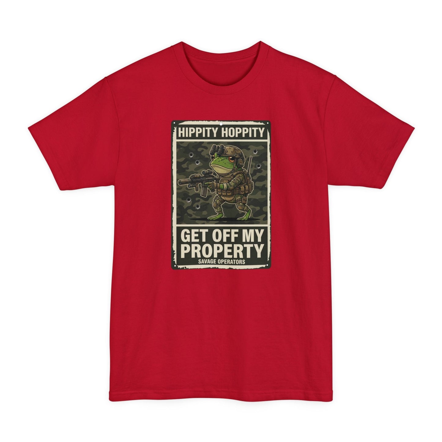 Get Off My Property T-Shirt — "Hippity Hoppity" Frog Military Design XLT - Savage Operators Tactical Tee | T-Shirt | Savage Operators Clothing | Patriotic Apparel | Military Humor | High Quality Deep Red