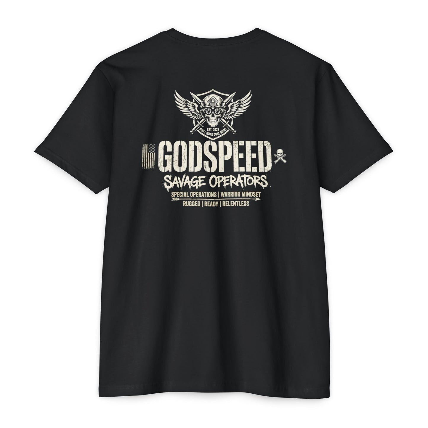 GODSPEED Back Print Shirt – Savage Operators Tactical Skull Tee | Distressed Military Streetwear - Savage Operators Tactical Tee | T-Shirt | Savage Operators Clothing | Patriotic Apparel | Military Humor | High Quality CVC Cardinal