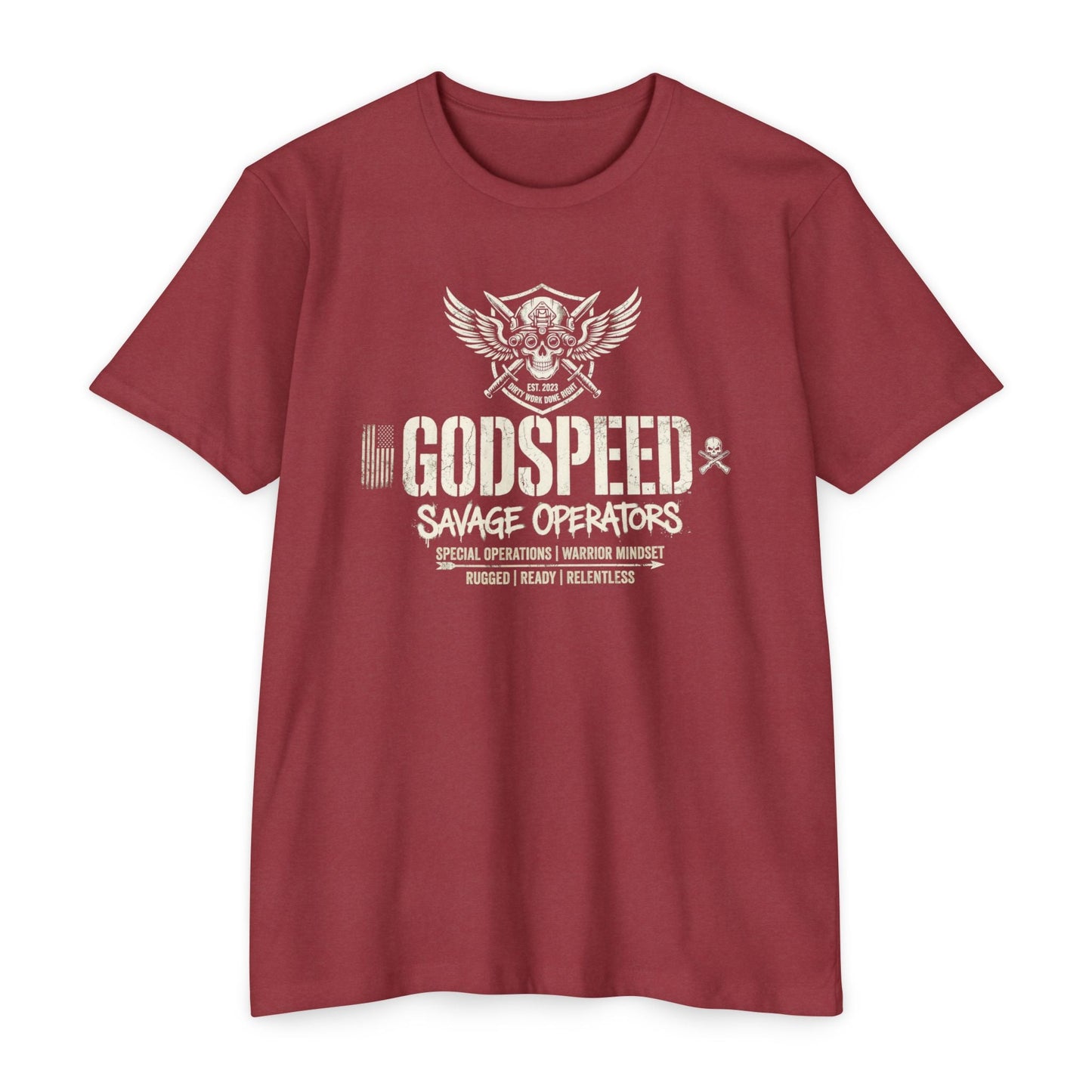 Godspeed Savage Operators T-Shirt — Military Skull Emblem Tee Front Print - Savage Operators Tactical Tee | T-Shirt | Savage Operators Clothing | Patriotic Apparel | Military Humor | High Quality CVC Cardinal