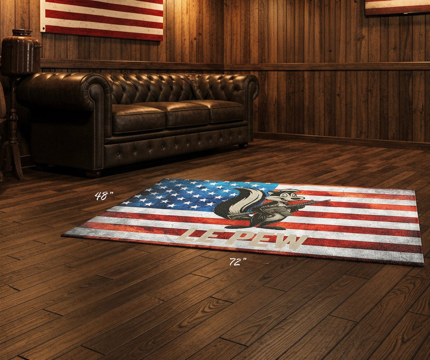 Le Pew American Flag Skunk indoor Area Rug — Patriotic 2a Carpet - Savage Operators Tactical Tee | Home Decor | Savage Operators Clothing | Patriotic Apparel | Military Humor | High Quality 72" × 48"