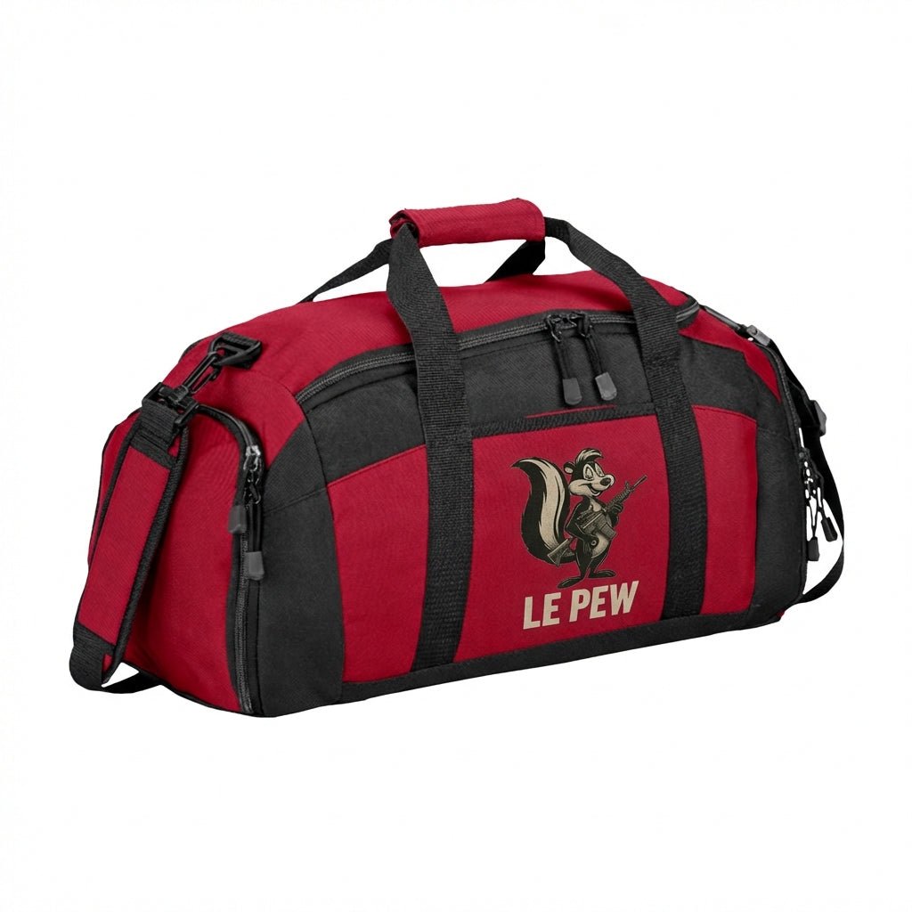 Le Pew skunk Gym Bag Range Bag — Funny Patriotic 2a Duffle for Workout & Travel - Savage Operators Tactical Tee | Bags | Savage Operators Clothing | Patriotic Apparel | Military Humor | High Quality Red
