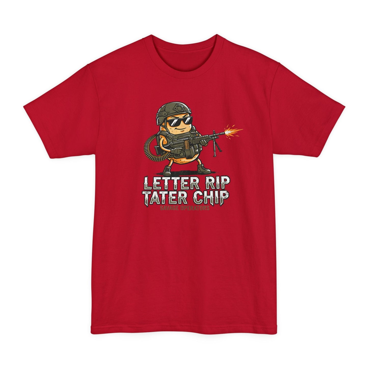 Let Er Rip Tater Chip Big & Tall Shirt – XLT Tactical Graphic Tee | Funny Military Shirt Extended Sizes | Savage Operators - Savage Operators Tactical Tee | T-Shirt | Savage Operators Clothing | Patriotic Apparel | Military Humor | High Quality Deep Red