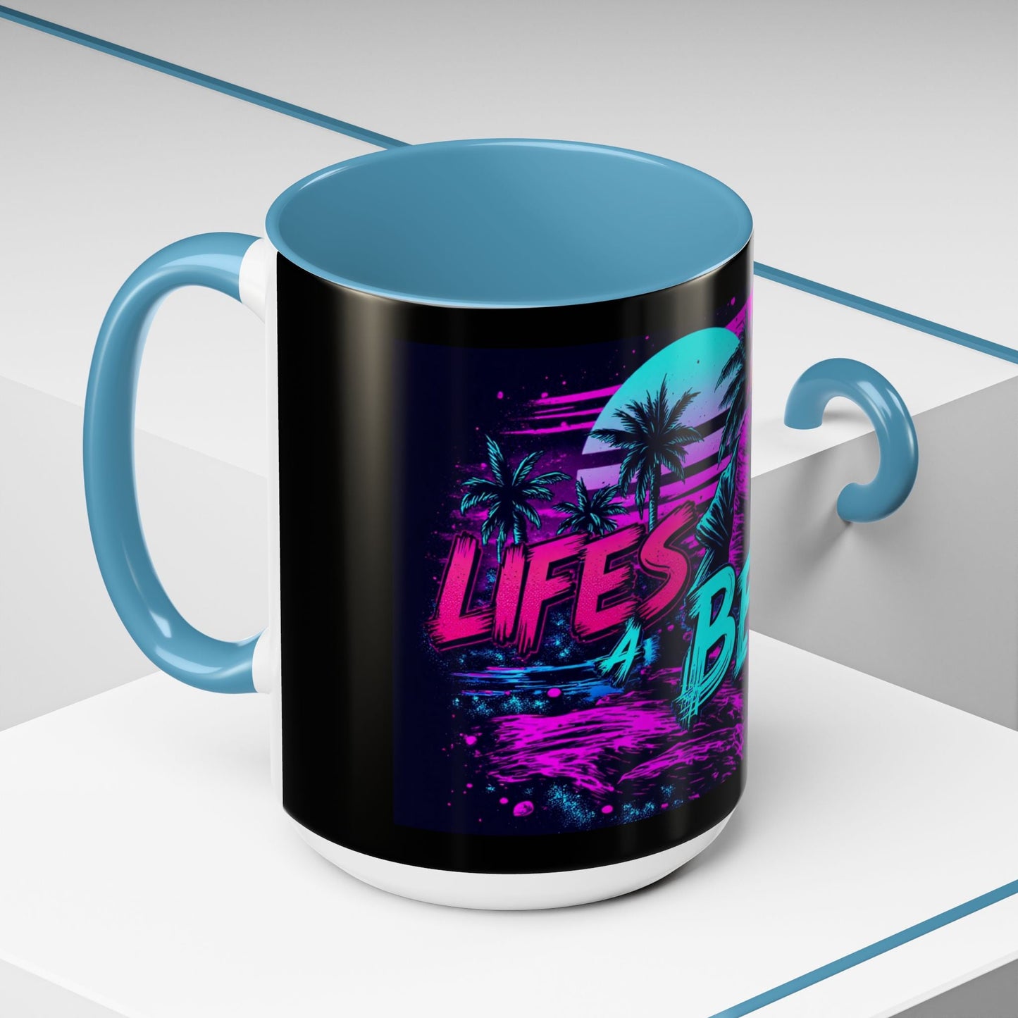 Lifes A Beach Neon Retro Skull Beach Accent Coffee Mug 16oz - Savage Operators Tactical Tee | Mug | Savage Operators Clothing | Patriotic Apparel | Military Humor | High Quality 15oz