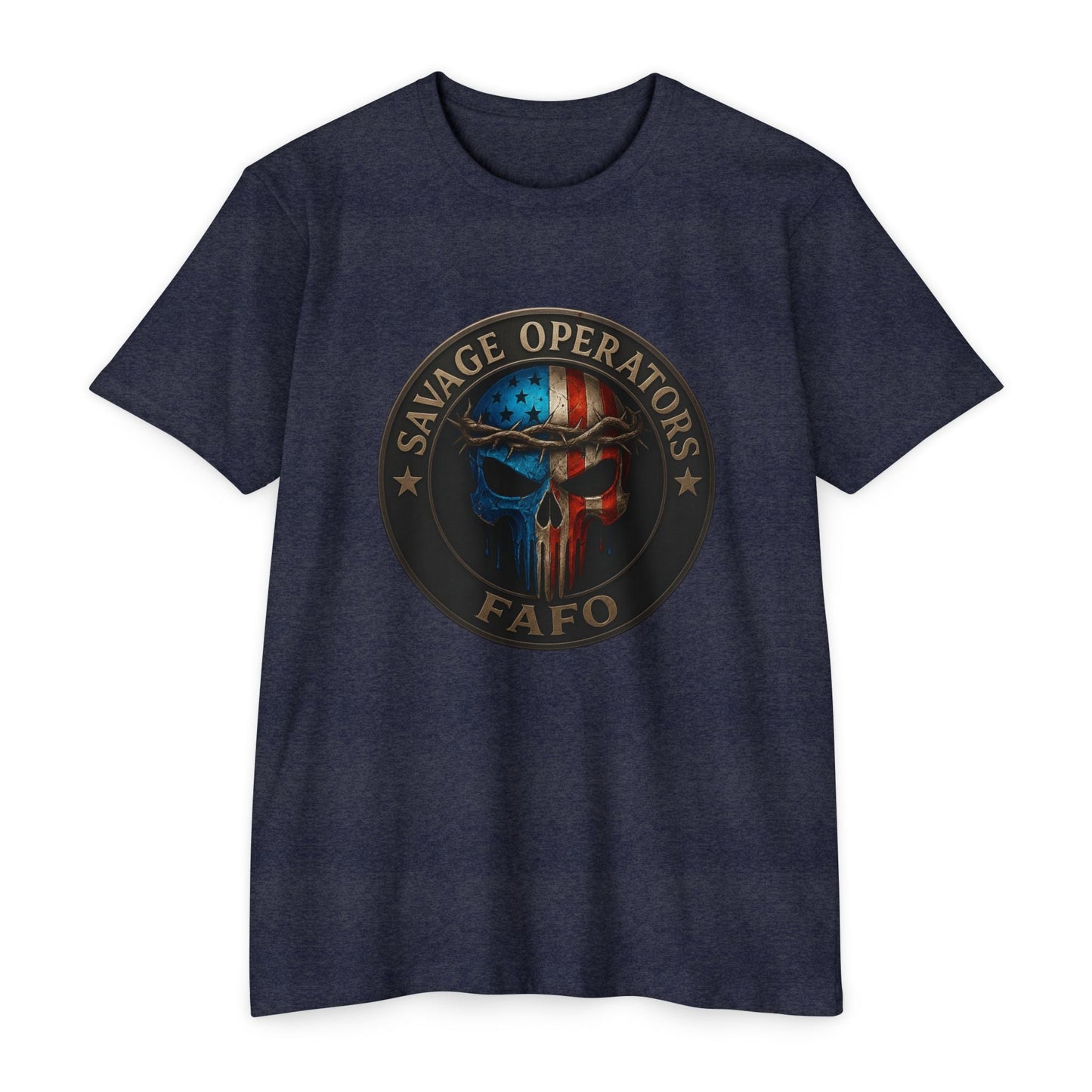 Patriotic FAFO Skull Shirt – American Flag Punisher Tee | Faith & Freedom Graphic | Tactical 2A Christian Men’s T-Shirt - Savage Operators Tactical Tee | T-Shirt | Savage Operators Clothing | Patriotic Apparel | Military Humor | High Quality CVC Midnight Navy
