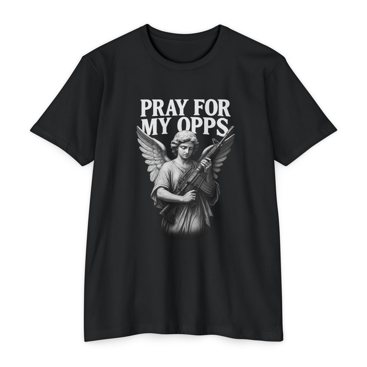 Pray For My Opps Tactical Angel Shirt – Dark Humor Graphic Tee FRONT PRINT - Savage Operators Tactical Tee | T-Shirt | Savage Operators Clothing | Patriotic Apparel | Military Humor | High Quality CVC Black
