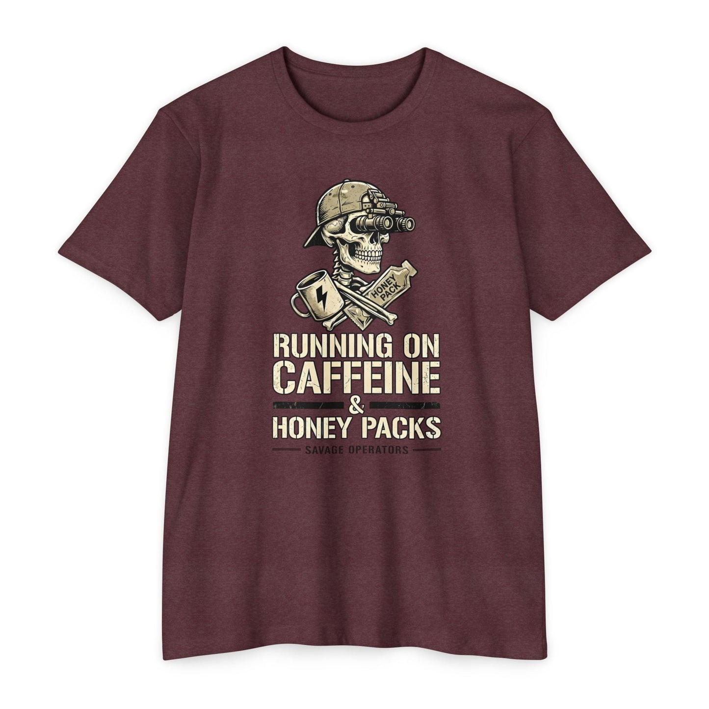 Running on Caffeine & Honey Packs T-Shirt — Military Humor Skull Graphic Tee Front Print - Savage Operators Tactical Tee | T-Shirt | Savage Operators Clothing | Patriotic Apparel | Military Humor | High Quality Heather Maroon