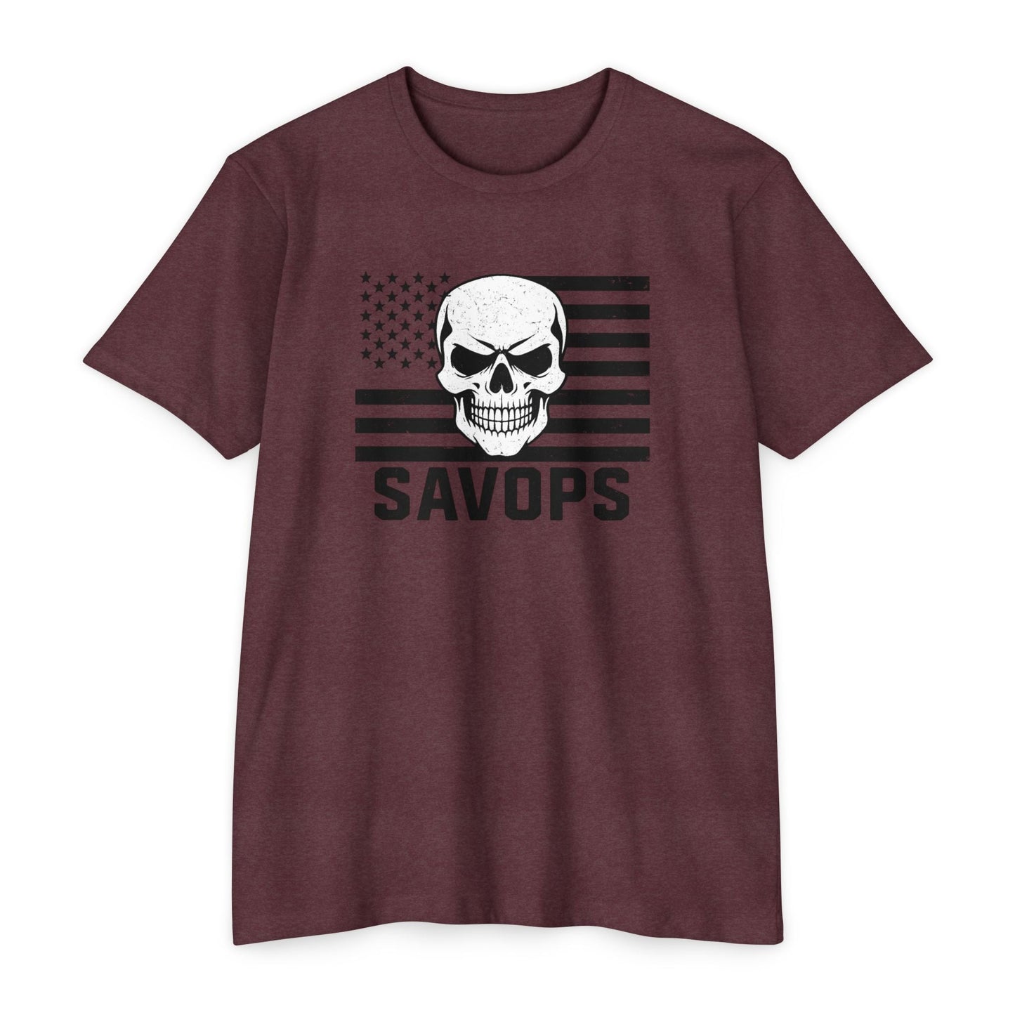 Savage Operators Patriotic Skull Black American Flag Shirt – Military Style Apparel Tactical Tee Front Print - Savage Operators Tactical Tee | T-Shirt | Savage Operators Clothing | Patriotic Apparel | Military Humor | High Quality Heather Maroon