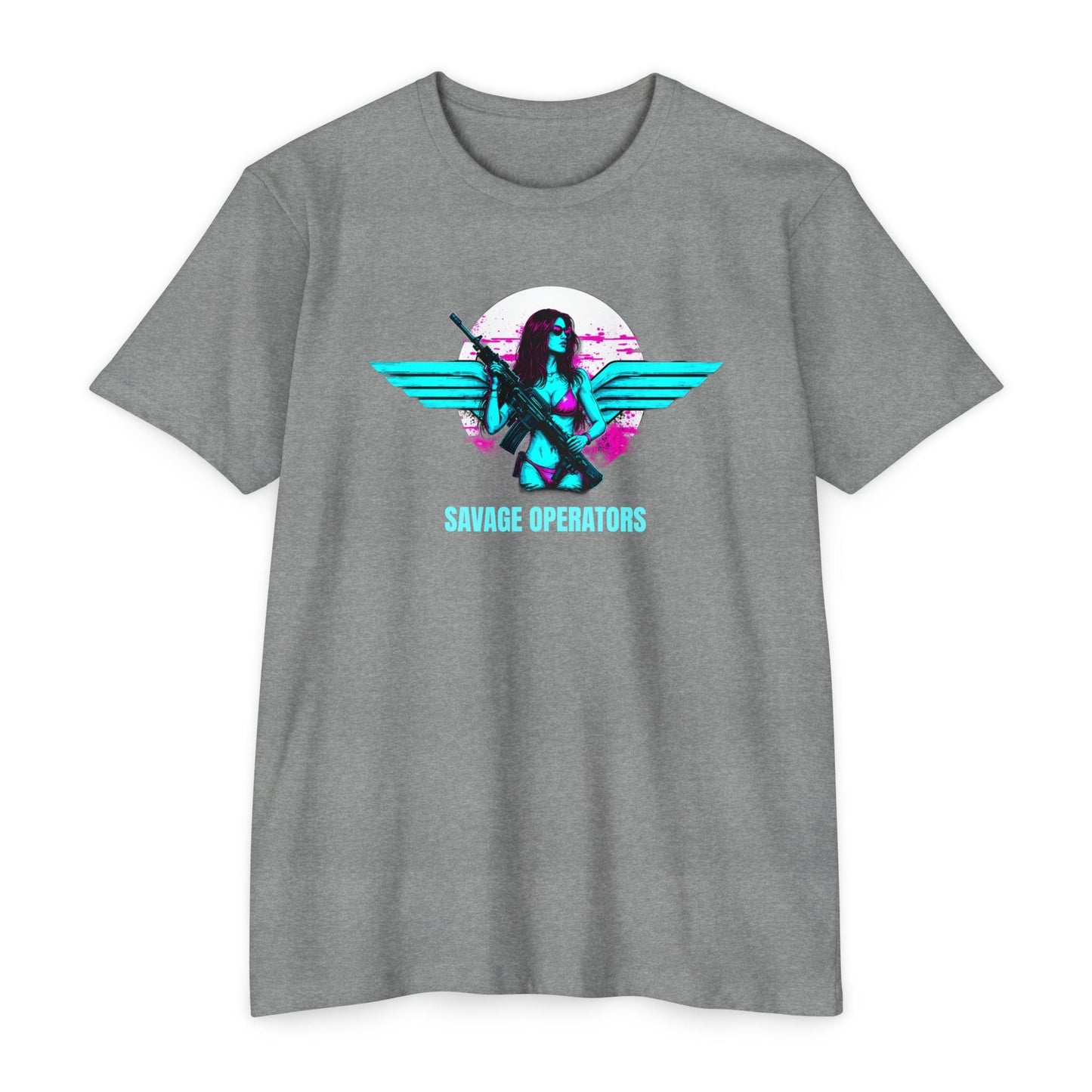Savage Operators Retro Neon SavOps Angel T-Shirt - Savage Operators Tactical Tee | T-Shirt | Savage Operators Clothing | Patriotic Apparel | Military Humor | High Quality Dark Heather Grey