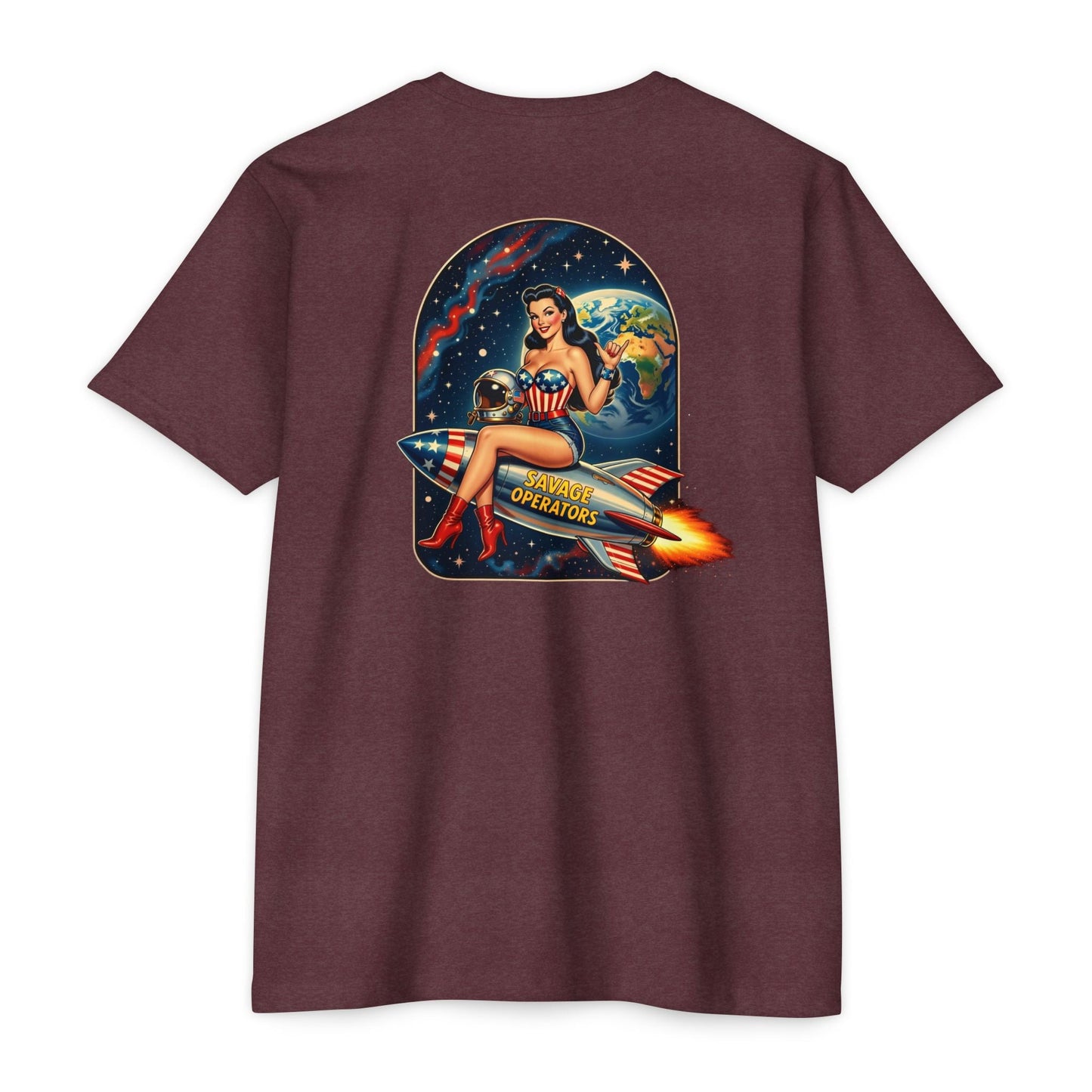 Savage Operators Rocket Girl Back Print Shirt – Vintage Space Pin - Up Tactical Tee - Savage Operators Tactical Tee | T-Shirt | Savage Operators Clothing | Patriotic Apparel | Military Humor | High Quality Heather Maroon