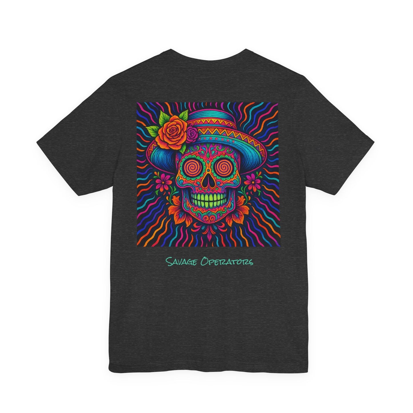 Savage Skull Trip – Trippy Neon Skull Shirt (LIMITED DROP) - BACK PRINT - Savage Operators Tactical Tee | T-Shirt | Savage Operators Clothing | Patriotic Apparel | Military Humor | High Quality Dark Grey Heather
