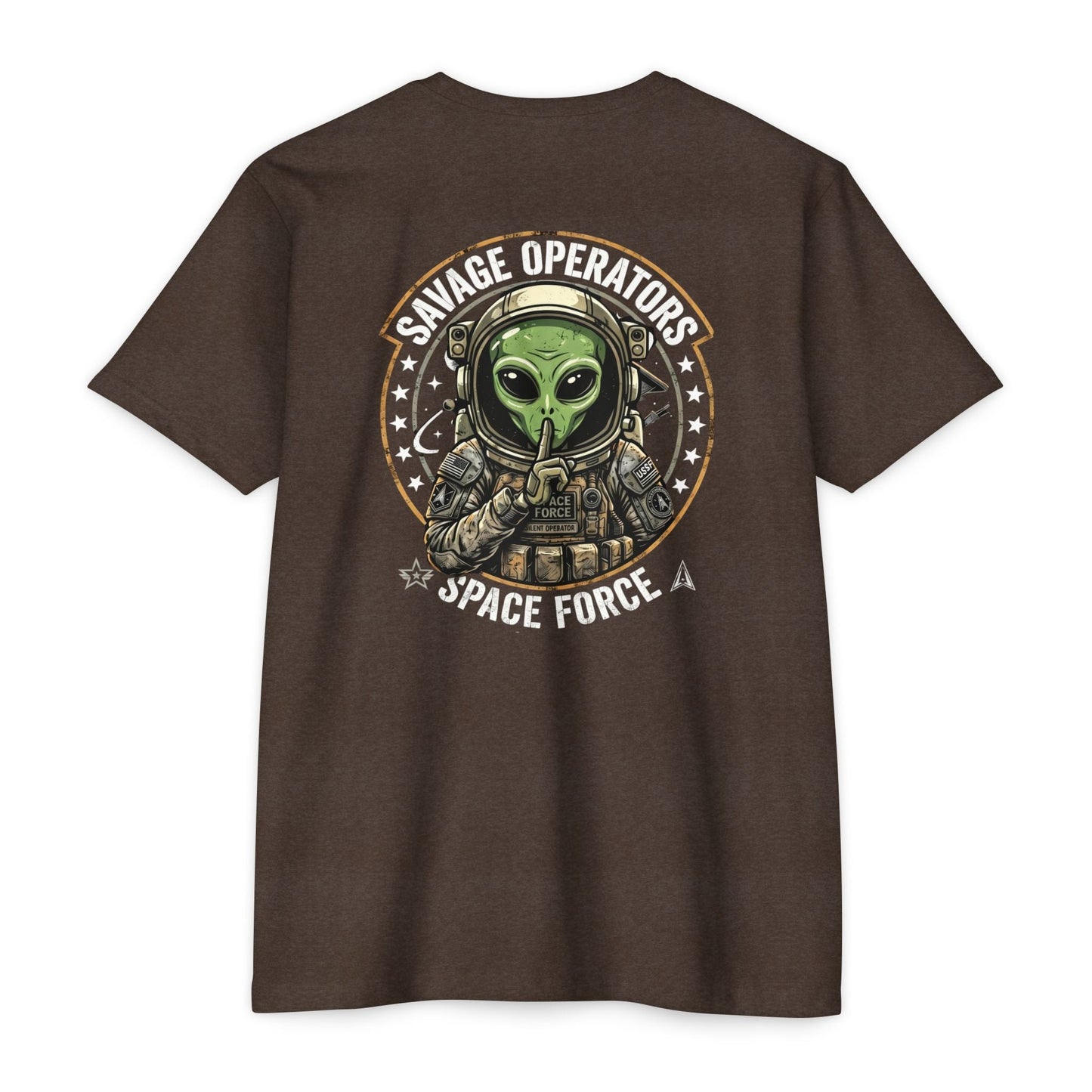 Space Force T-Shirt — "Savage Operators" Alien Military Graphic Tee Back Print - Savage Operators Tactical Tee | T-Shirt | Savage Operators Clothing | Patriotic Apparel | Military Humor | High Quality Heather Forest Green