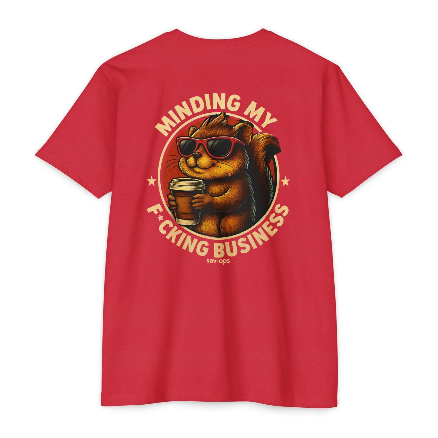 Squirrel Minding My F*cking Business SavOps Back Print T-Shirt - Savage Operators Tactical Tee | T-Shirt | Savage Operators Clothing | Patriotic Apparel | Military Humor | High Quality CVC Red
