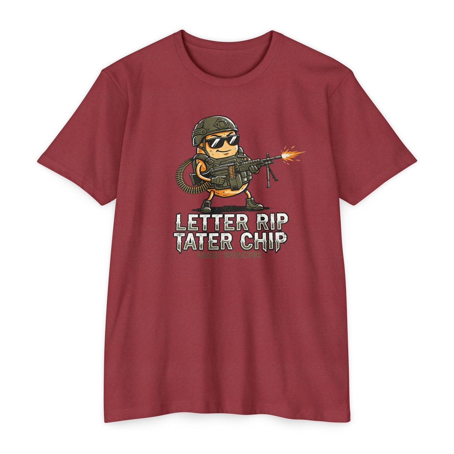 Tactical Chip T-Shirt — “Letter Rip Tater Chip” Funny Military Snack Graphic Tee - Savage Operators Tactical Tee | T-Shirt | Savage Operators Clothing | Patriotic Apparel | Military Humor | High Quality CVC Cardinal