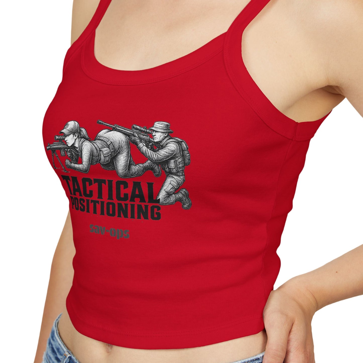 Tactical Positioning Women’s Crop Tank | SavOps Graphic Tee - Savage Operators Tactical Tee | Tank Top | Savage Operators Clothing | Patriotic Apparel | Military Humor | High Quality Solid Red Blend