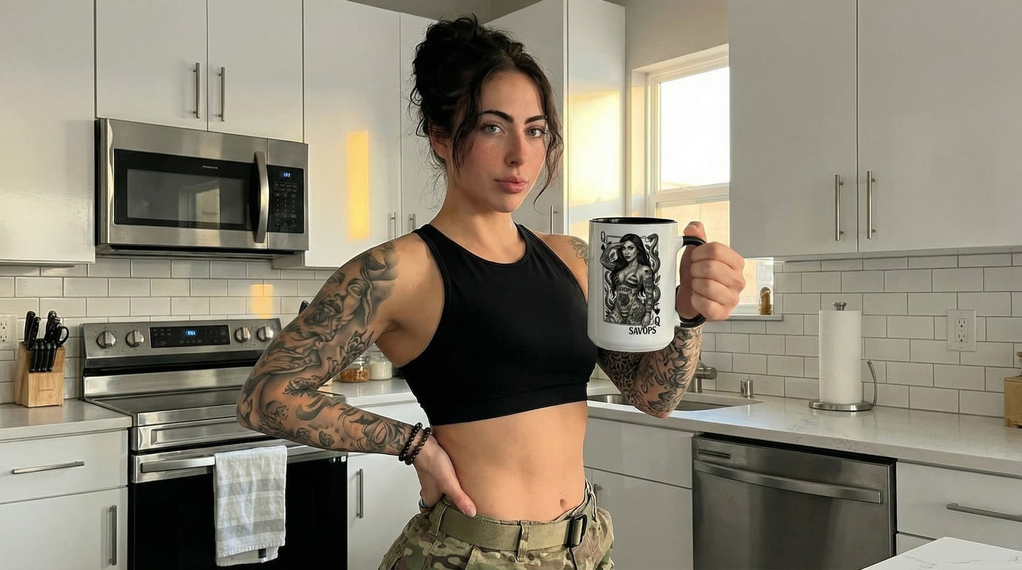 Tattooed Queen of spades Accent Coffee Mug — Savops Pin - Up Art - Savage Operators Tactical Tee | Mug | Savage Operators Clothing | Patriotic Apparel | Military Humor | High Quality 15oz