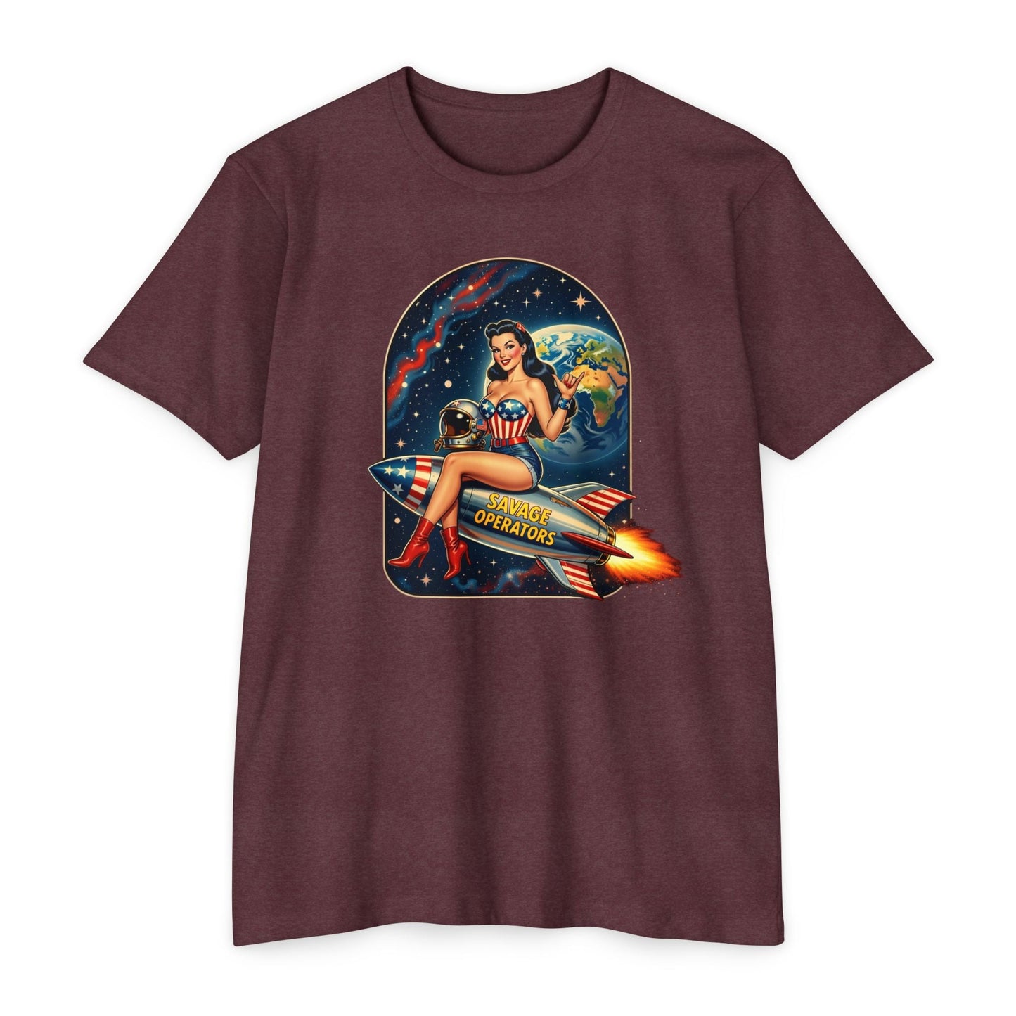 Vintage Space Pin - Up Rocket Shirt | Retro Americana Astronaut Girl Tee | Patriotic Space Art Front Print - Savage Operators Tactical Tee | T-Shirt | Savage Operators Clothing | Patriotic Apparel | Military Humor | High Quality Heather Maroon