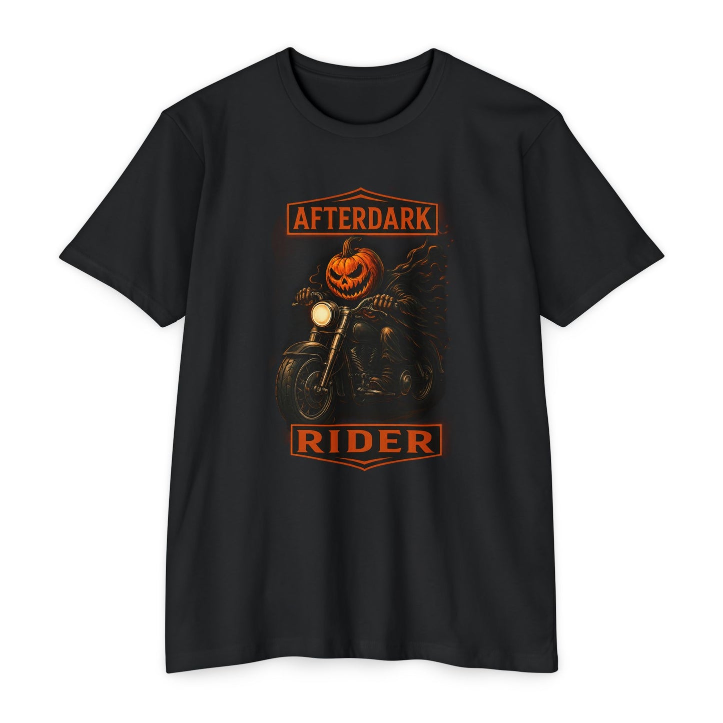 Afterdark Rider – Halloween Biker T-Shirt | Pumpkin Head Motorcycle Graphic Tee
