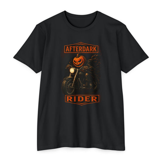 Afterdark Rider – Halloween Biker T-Shirt | Pumpkin Head Motorcycle Graphic Tee