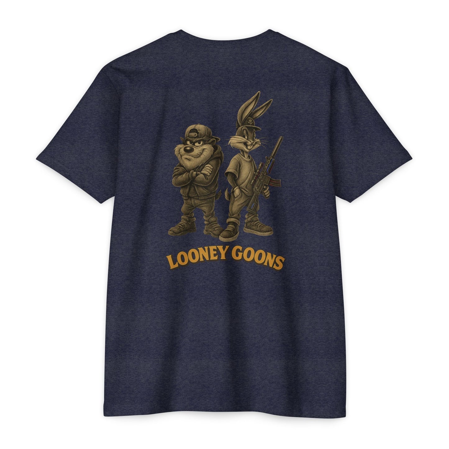 Looney Goons Back Print Parody Shirt | Streetwear Chest Logo Tee for Dark Humor Fans