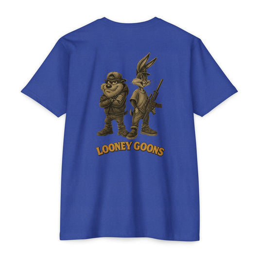 Looney Goons Back Print Parody Shirt | Streetwear Chest Logo Tee for Dark Humor Fans