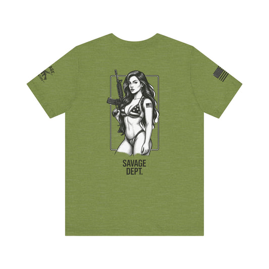 Savage Dept. Pin-Up Tee – Tactical Bikini Girl Shirt for Gun Guys, Patriots, and Alpha Rebels with Attitude