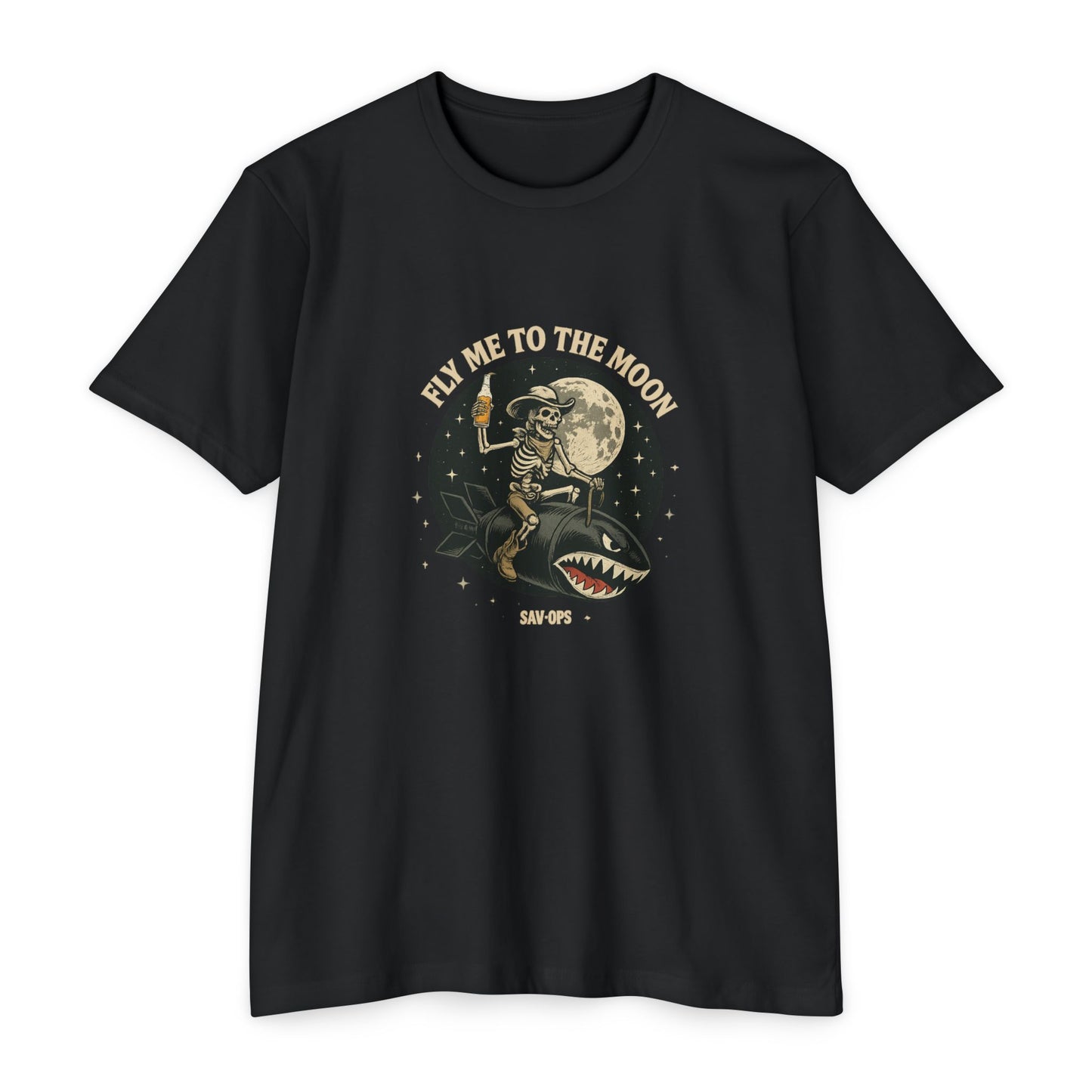 Fly Me To The Moon – Skeleton Cowboy Rocket Rider Shirt Front Print | Savage Operators