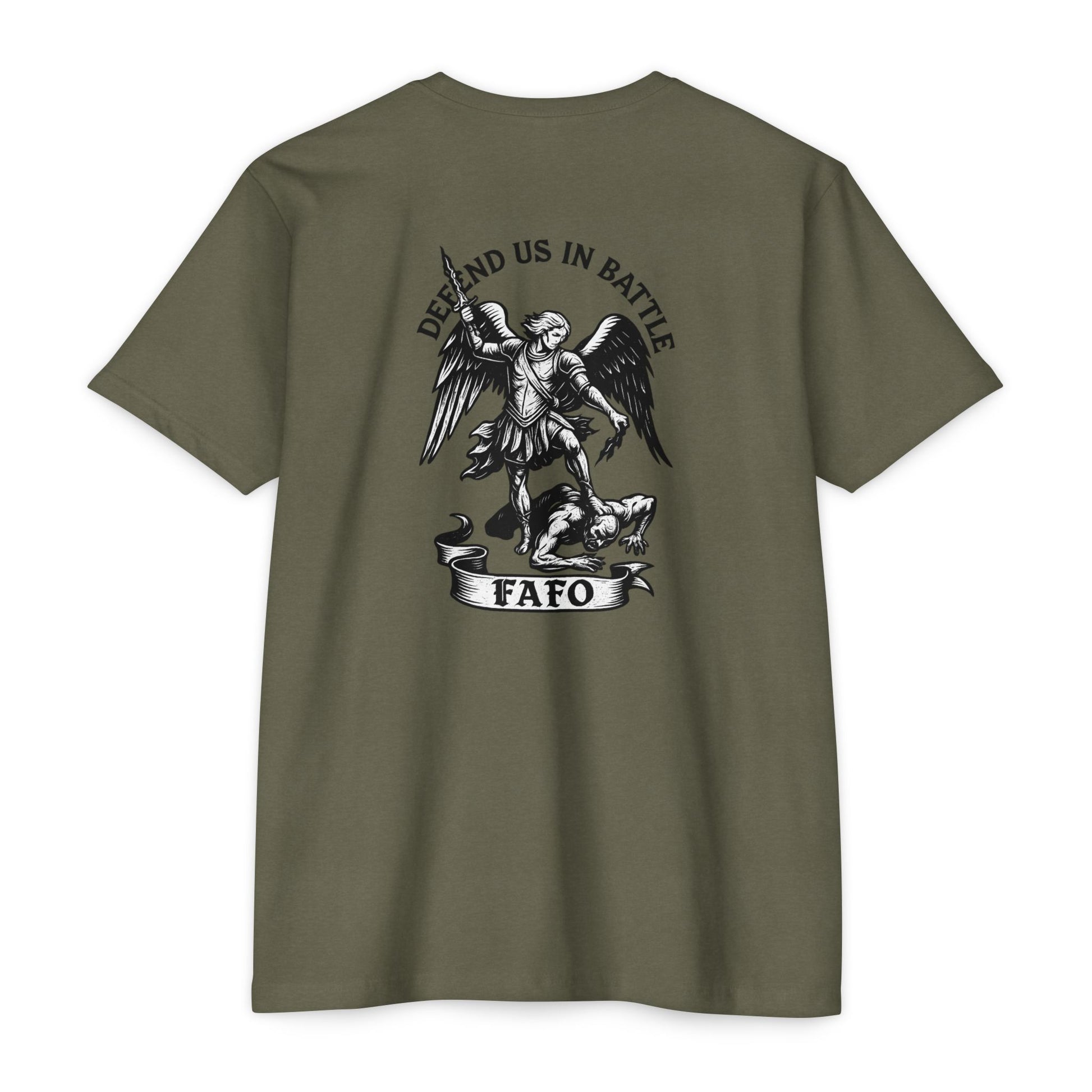 FAFO – St. Michael Archangel Tee | Savage Operators Back Print - Savage Operators Tactical Tee | T-Shirt | Savage Operators Clothing | Patriotic Apparel | Military Humor | High Quality CVC Military Green