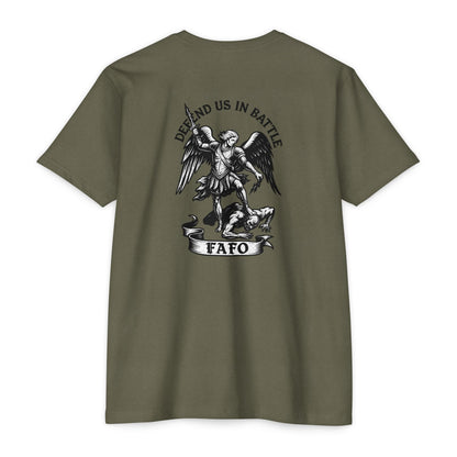 FAFO – St. Michael Archangel Tee | Savage Operators Back Print - Savage Operators Tactical Tee | T-Shirt | Savage Operators Clothing | Patriotic Apparel | Military Humor | High Quality CVC Military Green