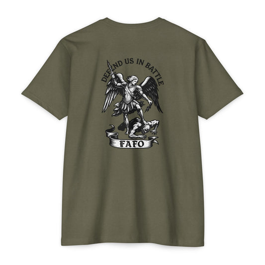 FAFO – St. Michael Archangel Tee | Savage Operators Back Print - Savage Operators Tactical Tee | T-Shirt | Savage Operators Clothing | Patriotic Apparel | Military Humor | High Quality CVC Military Green