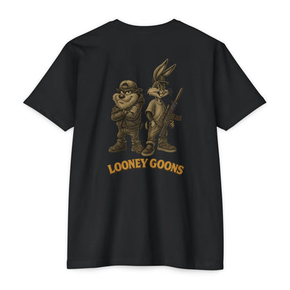 Looney Goons Back Print Parody Shirt | Streetwear Chest Logo Tee for Dark Humor Fans