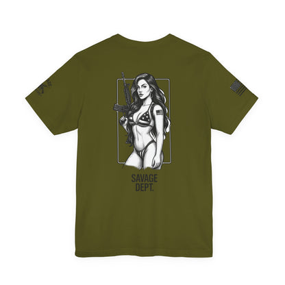 Savage Dept. Pin-Up Tee – Tactical Bikini Girl Shirt for Gun Guys, Patriots, and Alpha Rebels with Attitude