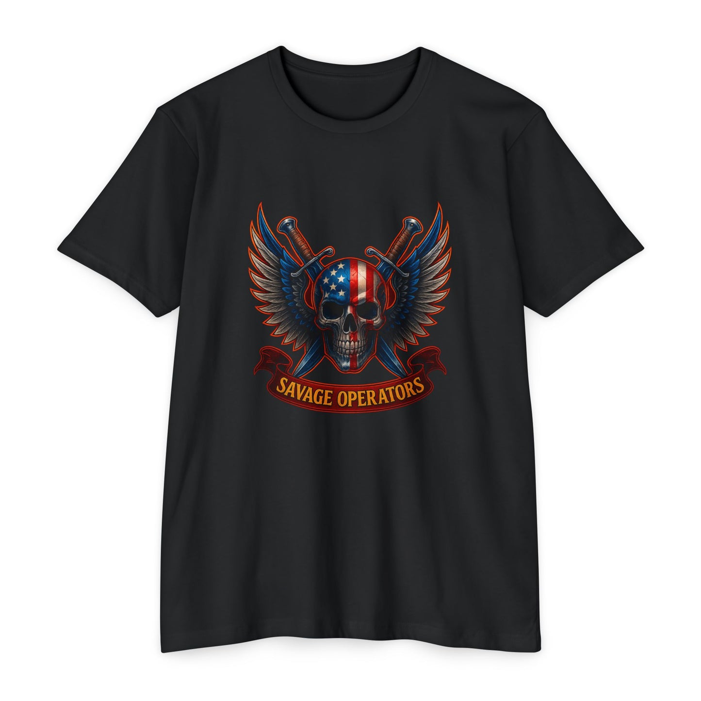 American Flag Skull Warrior Tee – Savage Operators Patriotic Graphic Shirt