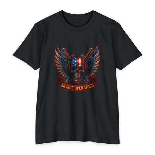 American Flag Skull Warrior Tee – Savage Operators Patriotic Graphic Shirt