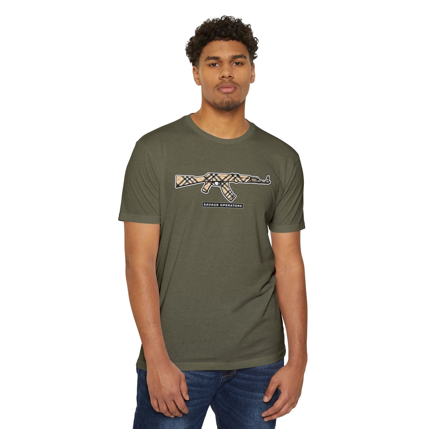 AK - 47 Camo Rifle Graphic T-Shirt — Savage Operator Tactical Tee - Savage Operators Tactical Tee | T-Shirt | Savage Operators Clothing | Patriotic Apparel | Military Humor | High Quality CVC Midnight Navy