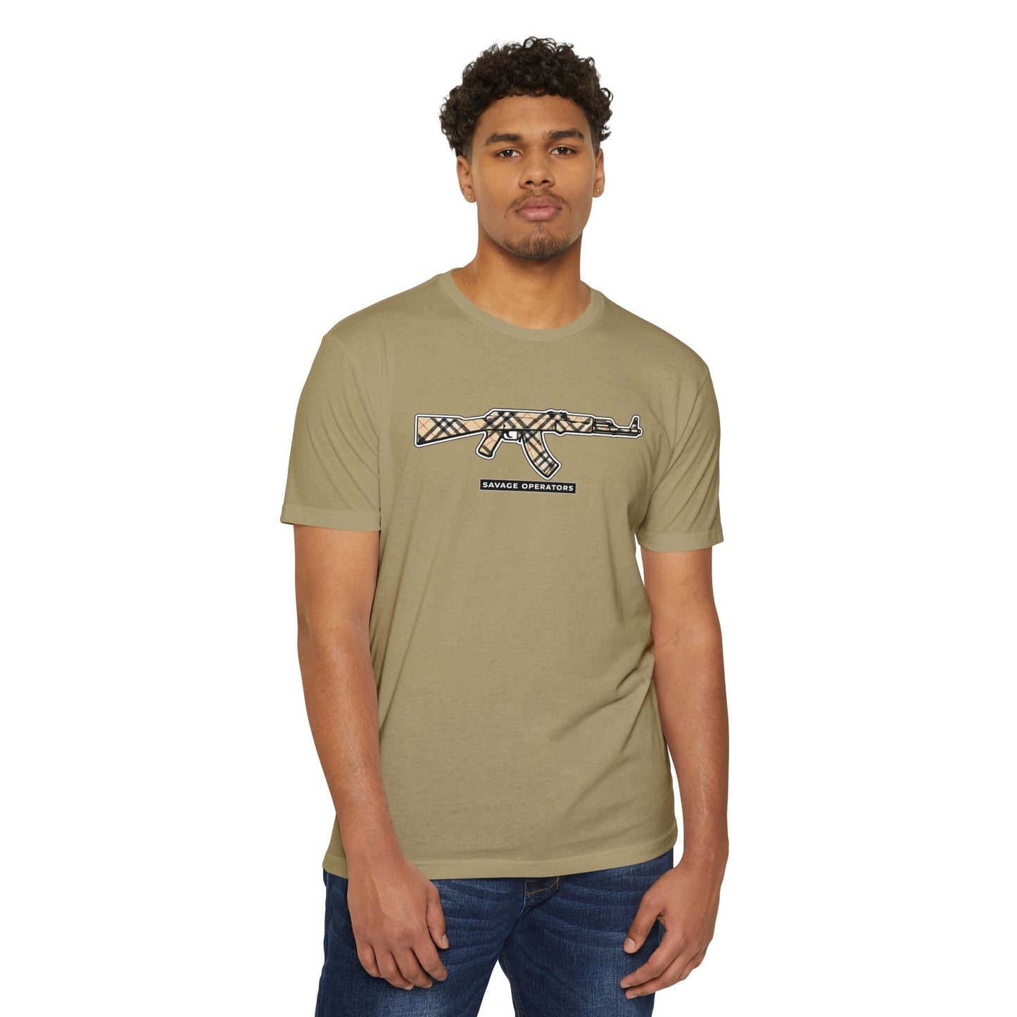 AK - 47 Camo Rifle Graphic T-Shirt — Savage Operator Tactical Tee - Savage Operators Tactical Tee | T-Shirt | Savage Operators Clothing | Patriotic Apparel | Military Humor | High Quality CVC Midnight Navy