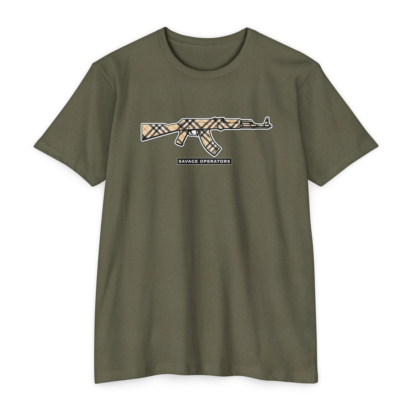 AK - 47 Camo Rifle Graphic T-Shirt — Savage Operator Tactical Tee - Savage Operators Tactical Tee | T-Shirt | Savage Operators Clothing | Patriotic Apparel | Military Humor | High Quality CVC Military Green