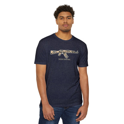 AK - 47 Camo Rifle Graphic T-Shirt — Savage Operator Tactical Tee - Savage Operators Tactical Tee | T-Shirt | Savage Operators Clothing | Patriotic Apparel | Military Humor | High Quality CVC Midnight Navy