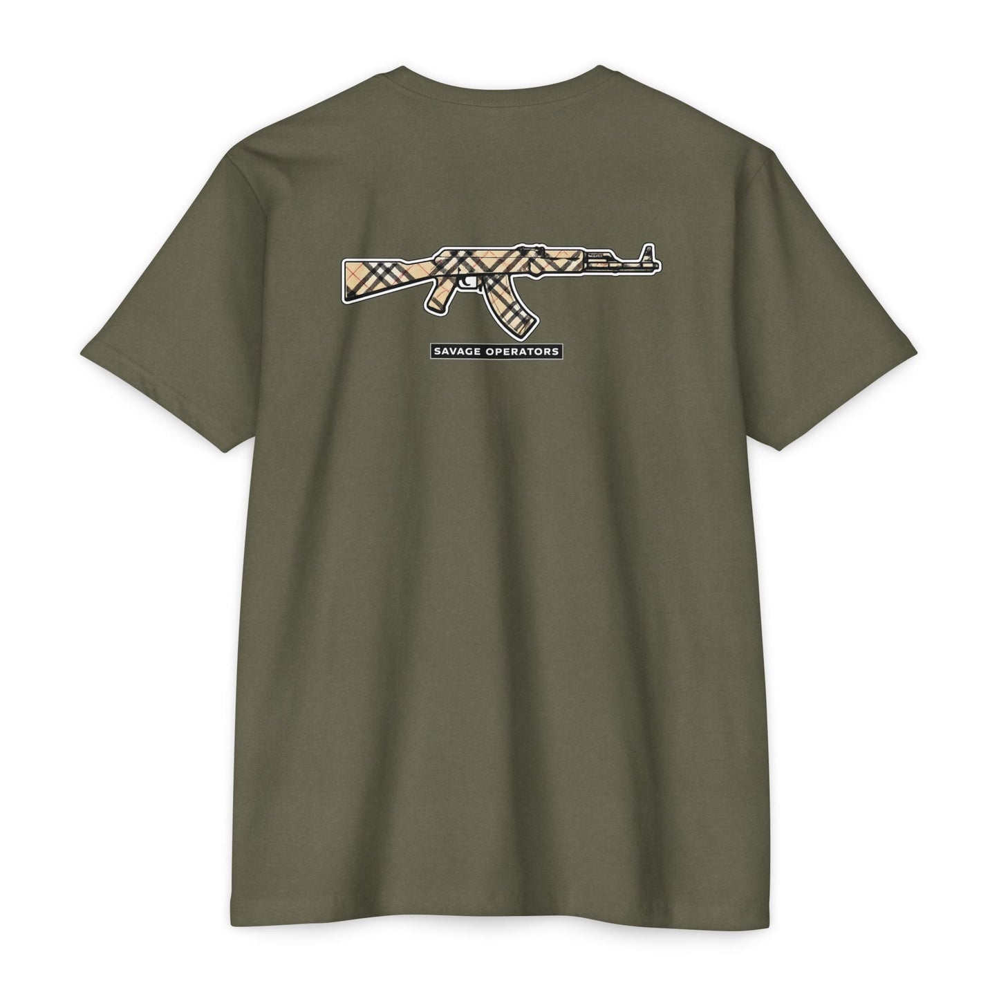 AK - 47 Plaid 2a Graphic T-Shirt — Savage Operator Backprint - Savage Operators Tactical Tee | T-Shirt | Savage Operators Clothing | Patriotic Apparel | Military Humor | High Quality CVC Military Green